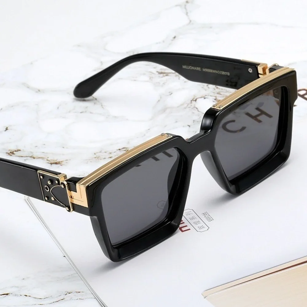 Mens Square Sunglasses Black Gold‎ Accents Designer Fashion Shades Hip Hop Cholo